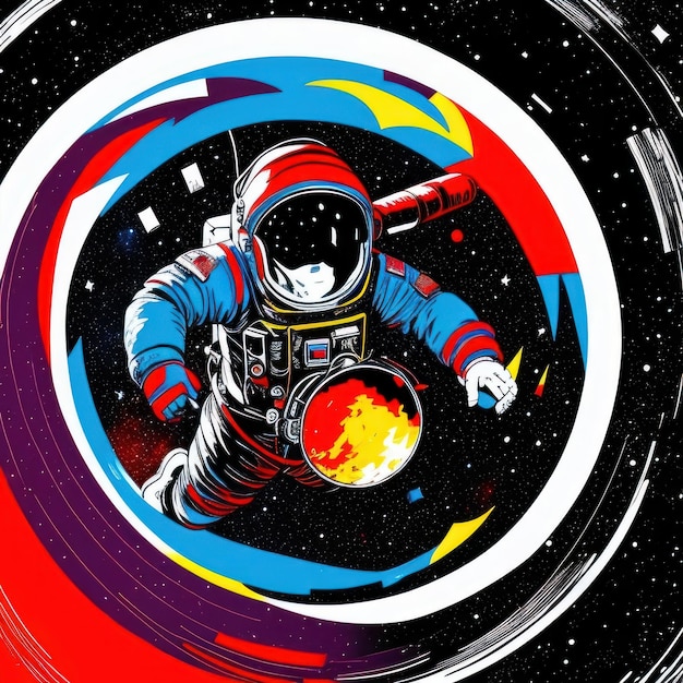 Eine Illustration eines Astronauten, der im Kreis schwebt, mit der Aufschrift „Space“ auf der Unterseite.