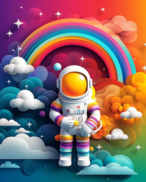 Eine Illustration eines Astronauten im Weltraum mit Regenbögen und Wolken im Hintergrund.