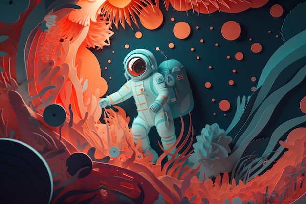 Eine Illustration eines Astronauten in einem Ozean mit rotem und blauem Hintergrund.