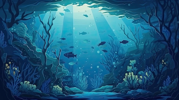 Eine Illustration eines blauen Ozeans mit einem Korallenriff und Fischen.