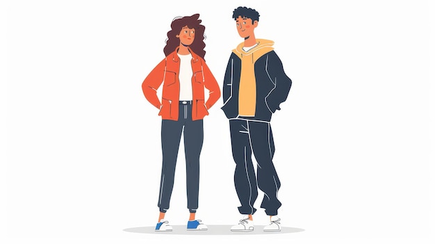 Eine Illustration eines jungen Paares in lässiger Kleidung Das Bild ist karikaturisch flach und farbenfroh