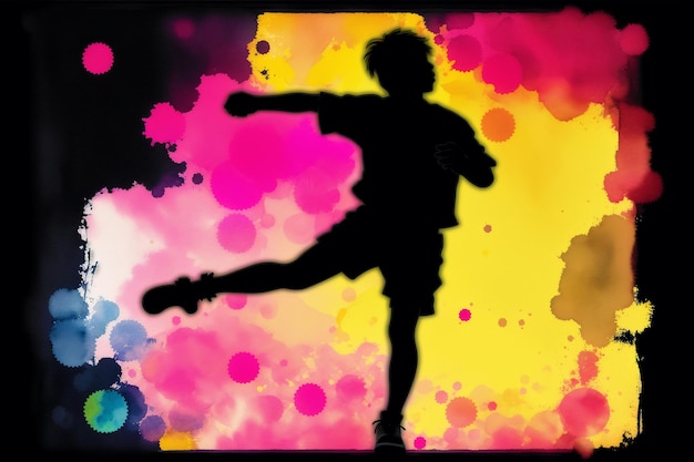 Eine Illustration eines kleinen asiatischen Jungen, der Fußball spielt, Silhouette, Aquarellfarbe, generative KI