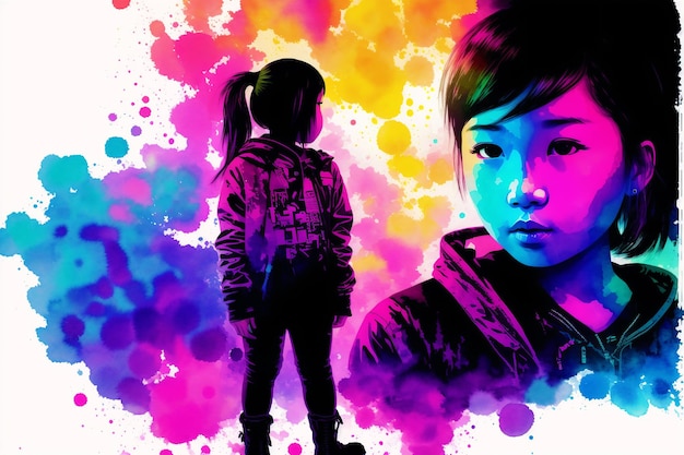 Eine Illustration eines kleinen asiatischen Mädchens, das Silhouette-Aquarellfarbe spielt. Generative KI