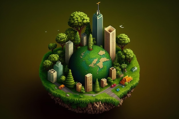 Eine Illustration eines kleinen Planeten mit Bäumen und Gebäuden Generative KI
