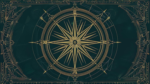 Eine Illustration eines Kompasses mit grünem Hintergrund Der Kompass ist aus Gold und hat viele Details