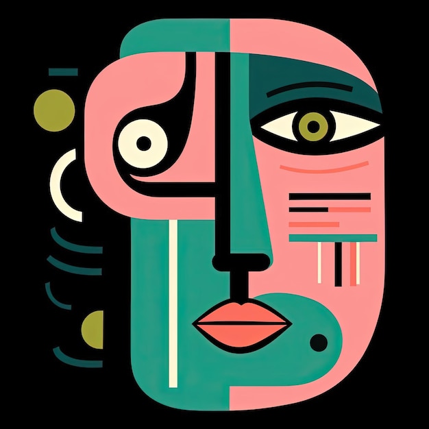 eine Illustration eines länglichen Gesichts in Schwarz und Grün im Stil von Hellrosa und Blaugrün