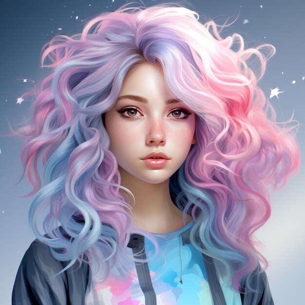 eine Illustration eines Mädchens mit rosa und blauen Haaren