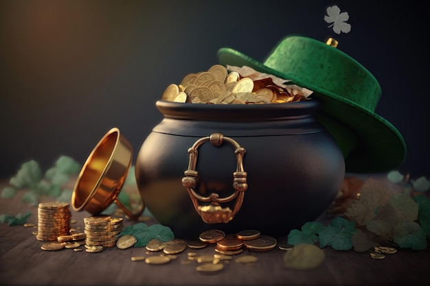 Eine Illustration eines magischen Topfes voller Münzen und eines Koboldhutes St. Patrick's Day Concept AI Generation