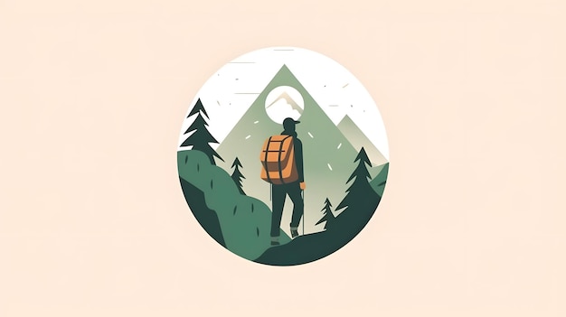 Eine Illustration eines Mannes mit einem Rucksack, der in den Bergen spaziert.