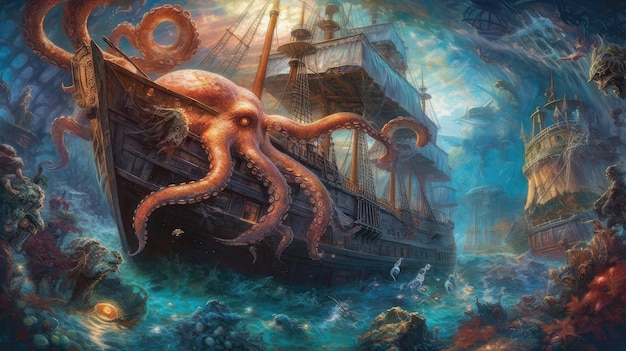 Eine Illustration eines Oktopus, der ein Schiff angreift.