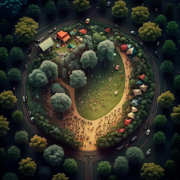Eine Illustration eines Parks mit Bäumen und einer Straße, auf der viele Menschen unterwegs sind.