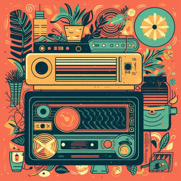 Eine Illustration eines Radios mit Blumenhintergrund.