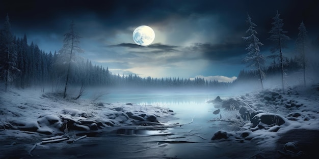 eine Illustration eines schneebedeckten Flusses mit Vollmond im Hintergrund