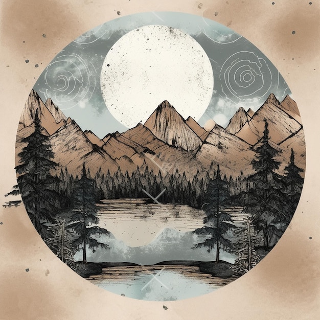 Eine Illustration eines Sees, umgeben von Bergen und dem Mond.