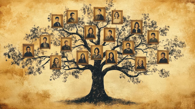 Foto eine illustration eines stammbaums mit porträts in rahmen, die erbe und abstammung symbolisieren