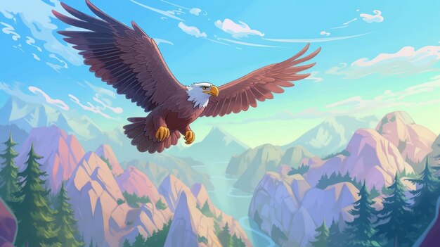 eine Illustration eines Vogels, der in den Himmel fliegt, mit Bergen im Hintergrund.