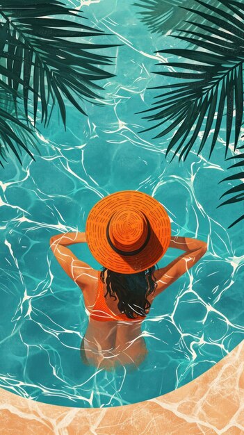 Eine Illustration für einen Badeurlaub mit einer attraktiven Frau mit Hut, die im Pool faulenzt