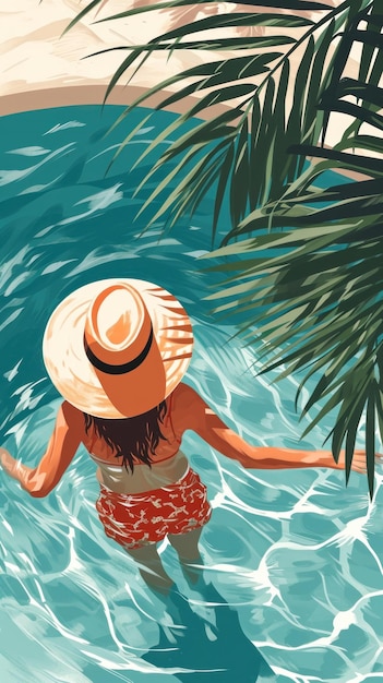 Eine Illustration für einen Badeurlaub mit einer attraktiven Frau mit Hut, die im Pool faulenzt