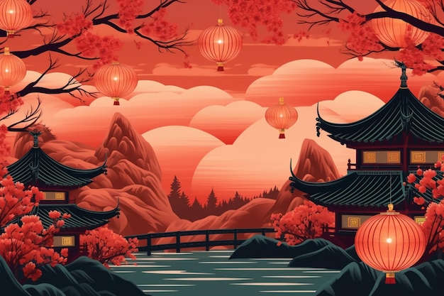 Eine Illustration im Cartoon-Stil einer chinesischen Landschaft mit einer Brücke und Laternen.