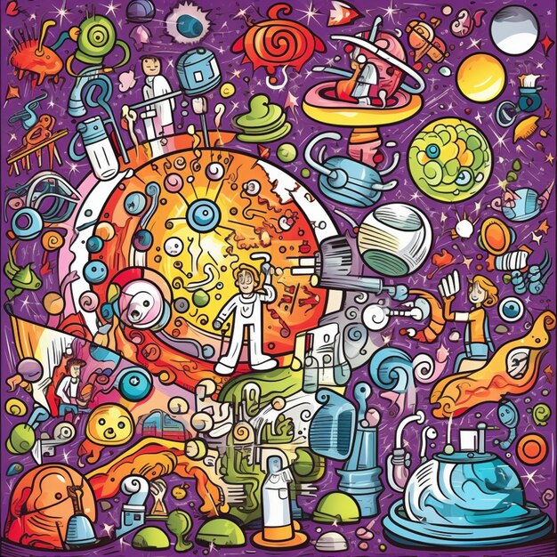 Eine Illustration im Cartoon-Stil einer Raumstation mit verschiedenen generativen KI-Objekten
