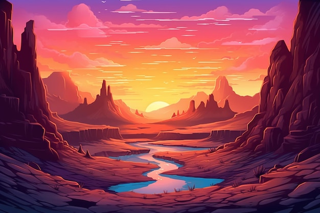 Eine Illustration im Cartoon-Stil einer Wüstenlandschaft mit einer generativen Fluss-KI