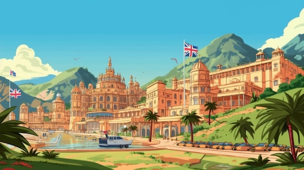 Eine Illustration im Cartoon-Stil eines britischen Palastes mit einem Brunnen und generativen Palmen