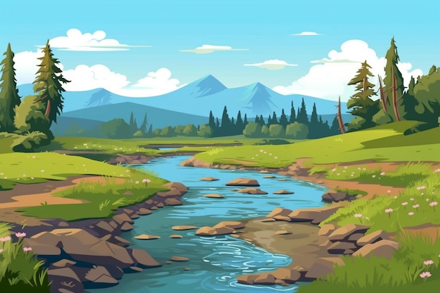 Eine Illustration im Cartoon-Stil eines Gebirgsbaches, der durch ein grünes Tal fließt, generative KI