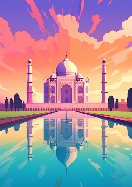 Eine Illustration im Cartoon-Stil eines Taj Mahal in Indien, generative KI