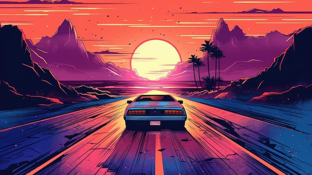 Foto eine illustration im stil der sommer-vibes der 80er jahre mit einem retrostyle-auto, das in den sonnenuntergang fährt generative ki