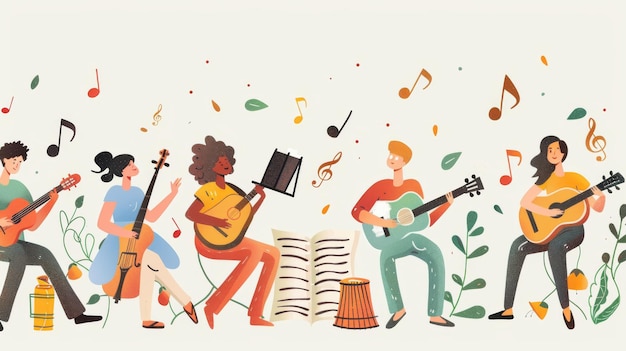 Eine Illustration mit Menschen, die singen und Musikinstrumente spielen, auf flachen Designblättern