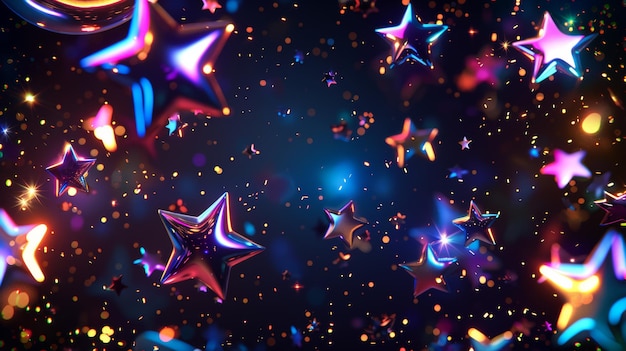 Eine Illustration von 3D-Chromsternen in einem futuristischen Stil in Y2K repräsentiert das Y2K-Galaxie-Emoji mit fallenden und fliegenden Sternen, Blings, Monden und Funkeln