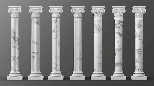 Eine Illustration von alten römischen und griechischen Architekturdesignelementen, darunter eine klassische Kolonnade, die antike Marmorsäulen auf einem transparenten Hintergrund isoliert