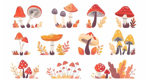 Eine Illustration von Pilzen Fallende Blätter essbare Boletus eryngi und Amanita Kappen und Stiele Lebensmittelpflanze botanische Designelemente Set von flachen modernen Illustrationen isoliert auf weiß