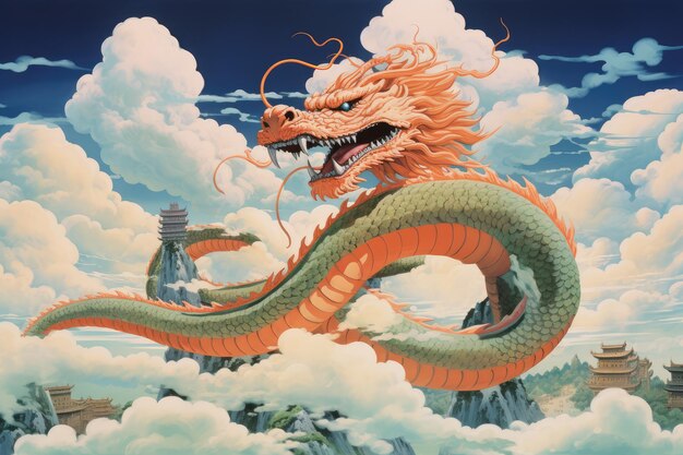 Eine Illustration von Shenron, der zwischen Nimbuswolken schwebt