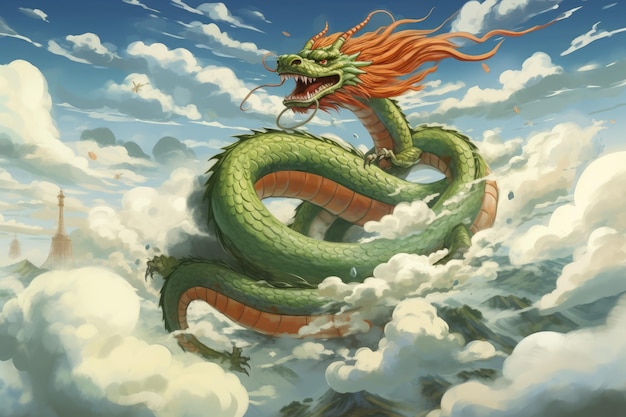 Eine Illustration von Shenron, der zwischen Nimbuswolken schwebt