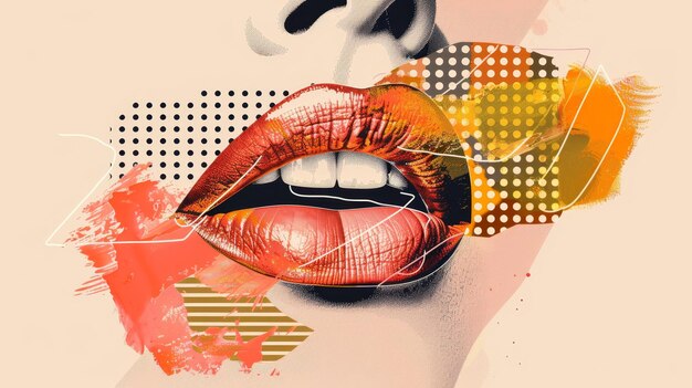 Eine Illustration von weiblichen Lippen in Halbtönen auf einem beigefarbenen Hintergrund mit einem herzförmigen Lächeln und Zähnen Vintage-Illustration im Stil der Pop-Art mit Punktmustern