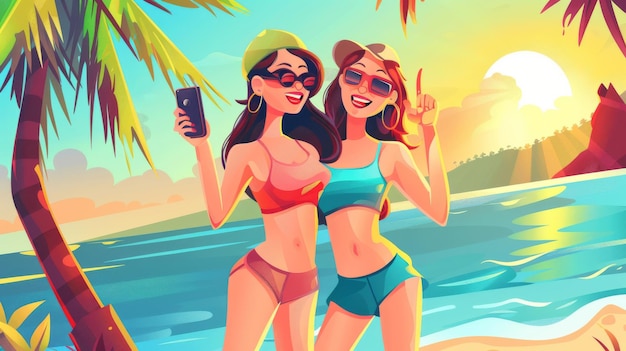 Eine Illustration von zwei Freundinnen, die auf ihren Smartphones lächeln, in der Nähe eines tropischen Pubs unter einer Palme, während die Sonne über Meerwasser aufsteigt, die einen Urlaub in einem Strandresort darstellt