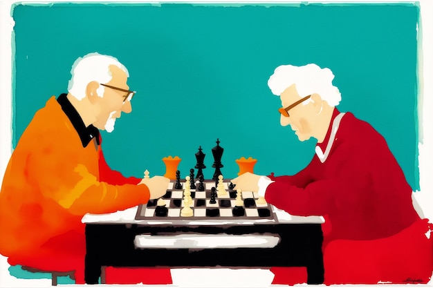 Eine Illustration von zwei Personen, die Schach spielen, von denen eine blau und die andere rot ist.