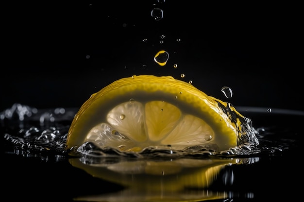 Eine im Wasser schwimmende Zitrone mit schwarzem Hintergrund