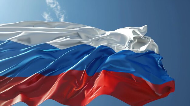 Eine im Wind schwingende russische Flagge Die Flagge besteht aus drei horizontalen Bändern aus weißem, blauem und rotem