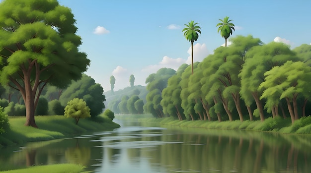 Eine imaginäre Landschaft mit Nilbäumen und Palmen