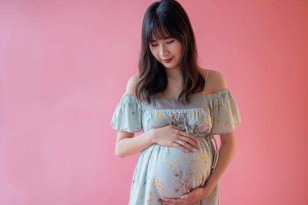 Eine in neun Monaten schwangere asiatische Frau trägt ein mit Blumen gedrucktes Kleid und berührt ihren Bauch gegen einen rosa Hintergrund