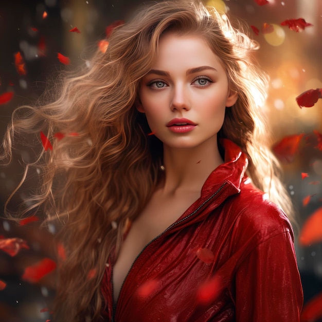 Eine in Rot gekleidete Dame mit ihren langen Haaren 8k 3D farbenfroher Fantasy-Realismus