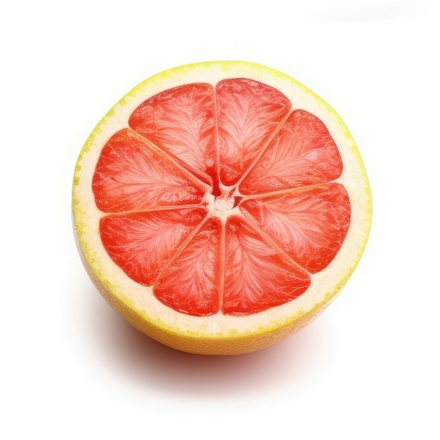 Eine in zwei Hälften geschnittene Grapefruit mit weißem Hintergrund.