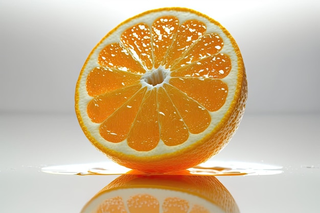 Eine in zwei Hälften geschnittene Orange auf einer reflektierenden Oberfläche. Generative KI