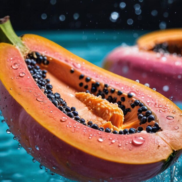 Foto eine in zwei teile geschnittene papana mit wasser, das darauf spritzt, und ein grünes blatt, das auf einer blauen seite aussteckt