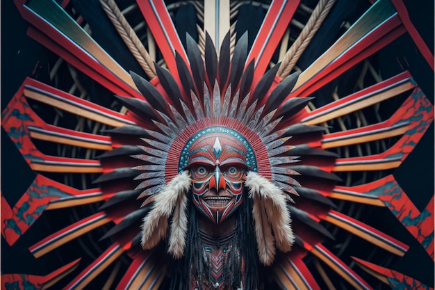Eine indianische Maske mit einem indianischen Kopfschmuck.