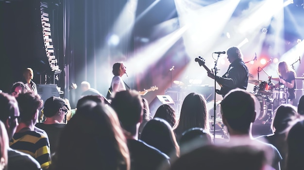 Eine Indie-Rock-Band tritt live auf der Bühne in einem kleinen Club auf. Die Menge ist klein, aber begeistert, und die Band genießt ihre Aufführung eindeutig.