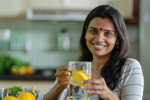 Foto eine indische frau lächelt, während sie ein glas reines wasser mit zitrone in ihrer küche hält und demonstriert