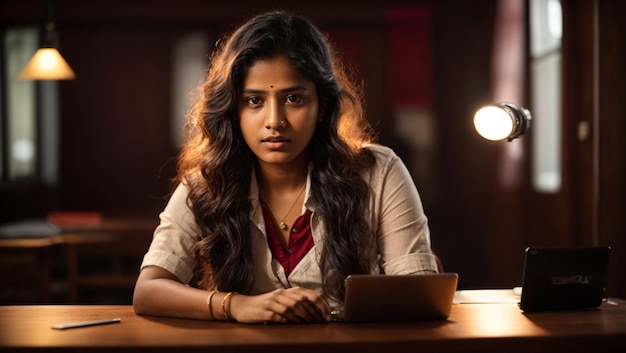 Eine indische Studentin, die von einem weißen Studiolicht beleuchtet wird, hält ihren Laptop in der Hand